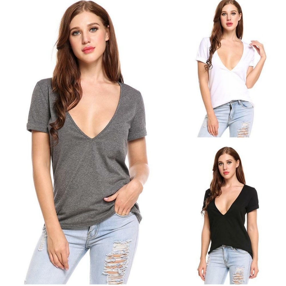 New Women Casual Deep V-Neck Short Cuffed Sleeve Solid Elastic Mid-Long, gray, M
